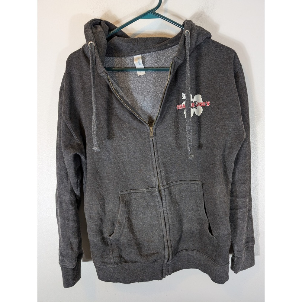 Trader Joes Hoodie Mens Small Gray Full Zip Hibiscus Flower Logo Sweatshirt MJ